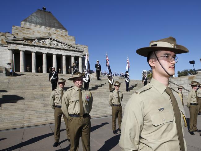 2021 ANZAC Day March along St Kilda Road finishing at the Shrine of Remembrance. Australian Army soldiers at the Shrine of Remembrance.                        Picture: David Caird