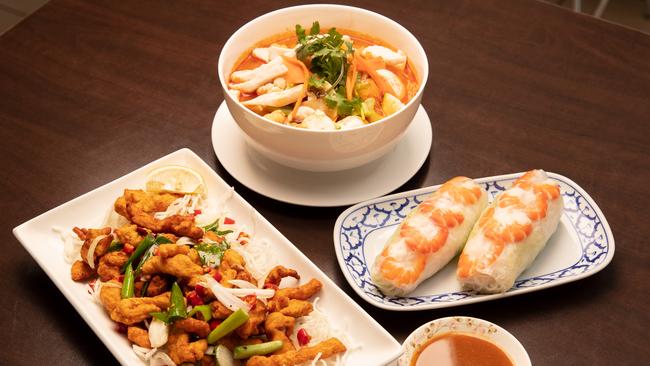 CHEAP EATS: Salt &amp; pepper pork, tom yum and cold rolls at Bun Vermicelli. Picture: MATT TURNER