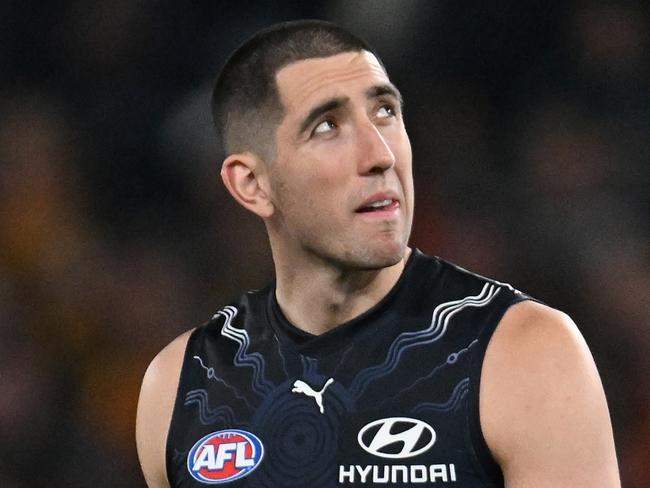 MELBOURNE, AUSTRALIA - MAY 25: Jacob Weitering of the Blues looks on during the round 11 AFL match between Carlton Blues and Gold Coast Suns at Marvel Stadium, on May 25, 2024, in Melbourne, Australia. (Photo by Daniel Pockett/Getty Images)