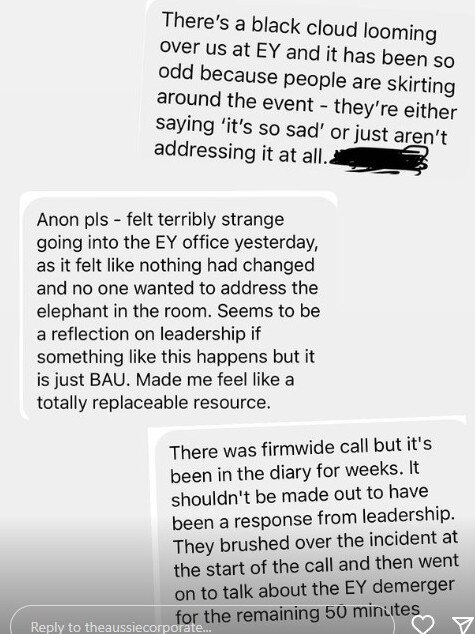 Current EY employees felt the woman’s death hadn’t been properly addressed. Picture: Instagram @theaussiecorporate.