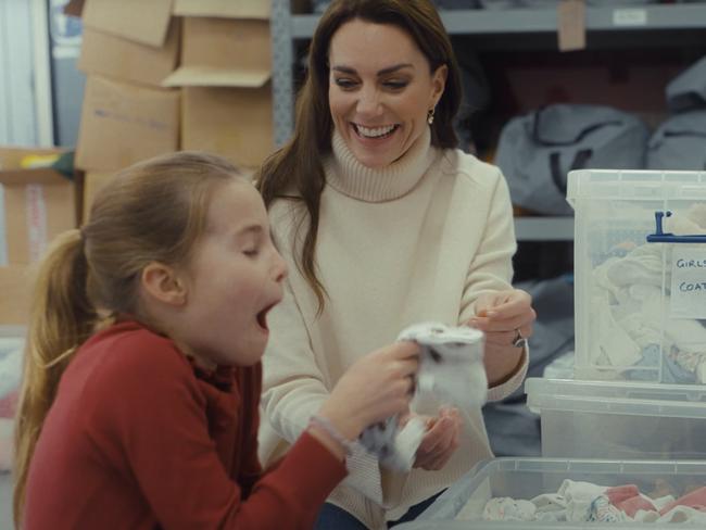 The Princess of Wales launches Christmas Baby Banks initiative - 12 December 2023. , Princess of Wales Kate Middleton, Prince George, Princess Charlotte and Prince Louis help out at the Baby Bank in Maidenhead, UK., Picture: Kensington Palace/Youtube