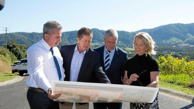 Luke Hartsuyker announces the $971 million Federal Government committment to the Coffs Harbour Bypass with Member for Page Kevin Hogan, Deputy Prime Minister Michael McCormack and Coffs Harbour Mayor Denise Knight. Picture: Trevor Veale