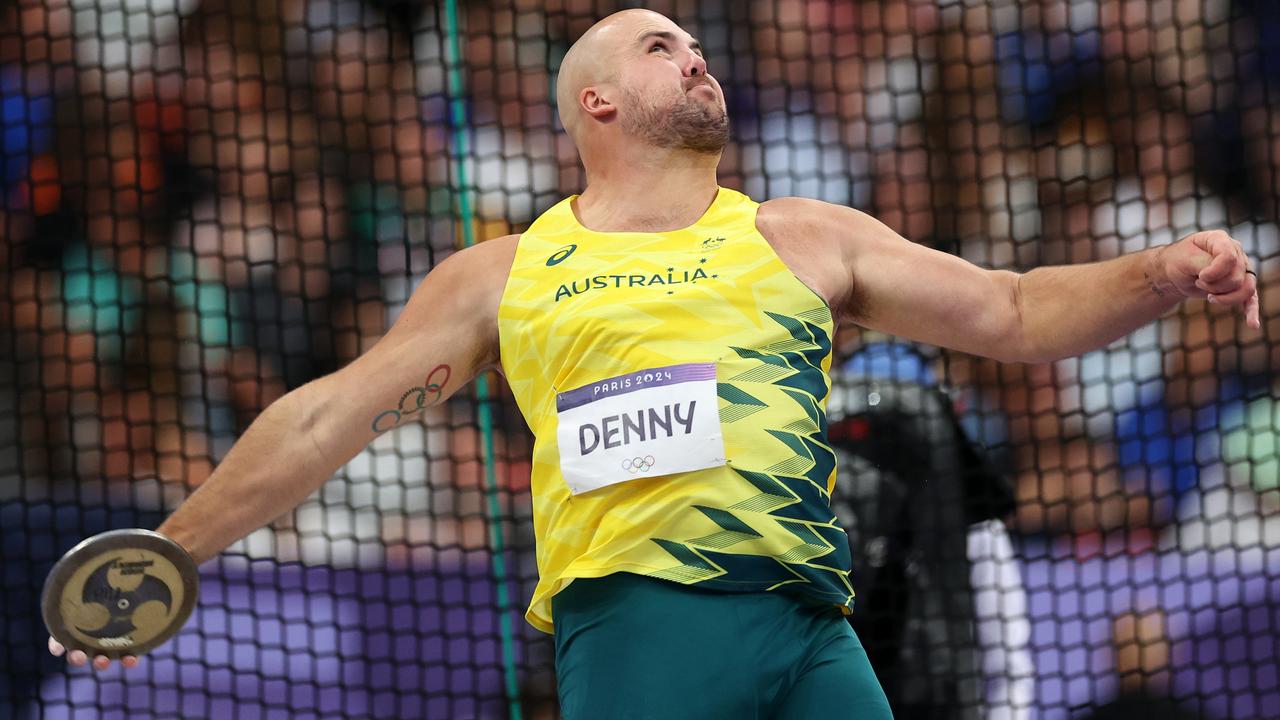 Perhaps with a glance skyward begging favour from the gods of Ancient Greece, Matthew Denny prepares to throw at the men's discus final ahead of claiming his hard-won bronze medal. Picture: Christian Petersen/Getty Images)