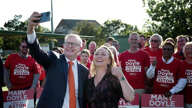 Prime Minister Anthony Albanese is seen with Labor’s candidate for Aston, Mary Doyle, at the Bayswater Bowls Club. Picture: Luis Ascui