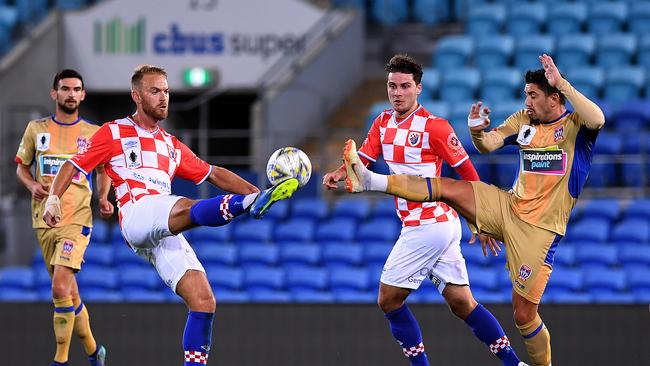 Justyn McKay of the Knights (left) competes with Dimitri Petratos of the Jets. Picture: GETTY IMAGES