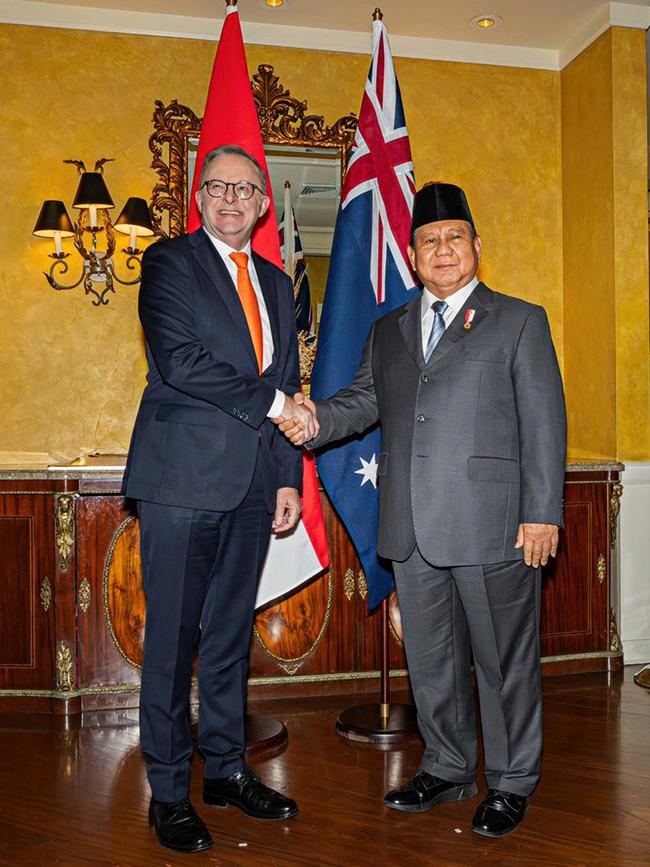 Anthony Albanese and Prabowo Subianto meet for the first time since his inauguration as President of Indonesia at APEC sidelines in Peru. Picture: PMO