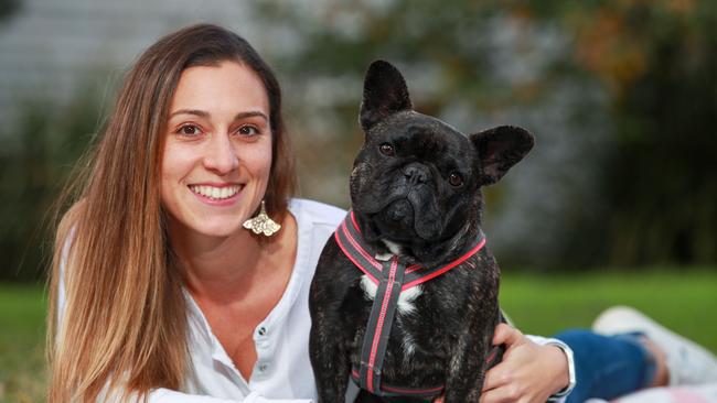 Erika Munoz with French Bulldog, Maggie. Ms Munoz and sister Lucerito are a pet sitting duo in Sydney’s Rozelle. Picture: Justin Lloyd.