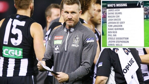 Collingwood coach Nathan Buckley and the graphic which appeared during Friday night’s broadcast.