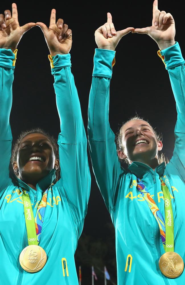 Chloe Dalton celebrates gold with teammate Ellia Green. Picture: Getty Images