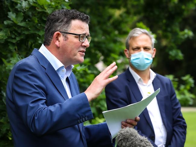 MELBOURNE, AUSTRALIA - NewsWire Photos 22 OCTOBER 2021 : Victorian Premier Dan Andrews and Victorian Chief Health Officer Professor Brett Sutton discuss  the states latest Covid-19 cases on the first day of opening up again from lockdown. Picture : NCA NewsWire / Ian Currie