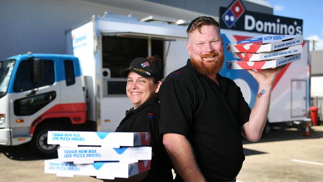 Domino's Hermit Park owners Elizabeth and Jason McInnes are operating from a mobile pizza kitchen while their store undergoes renovations. Picture: Shae Beplate.