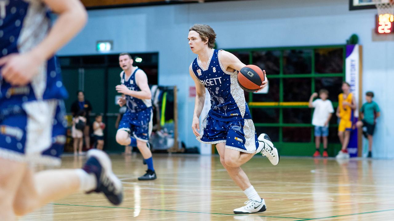 Joel De Barros dribbles the ball in Darwin Basketball Men's Championship Round 20: Ansett v Tracy Village Jets. Picture: Che Chorley