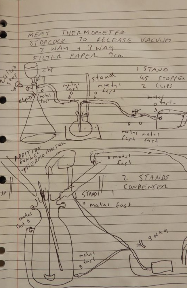 A detailed meth lab sketch found at the home of a South East Queensland man where police allegedly found drug production equipment. Picture: Australian Border Force