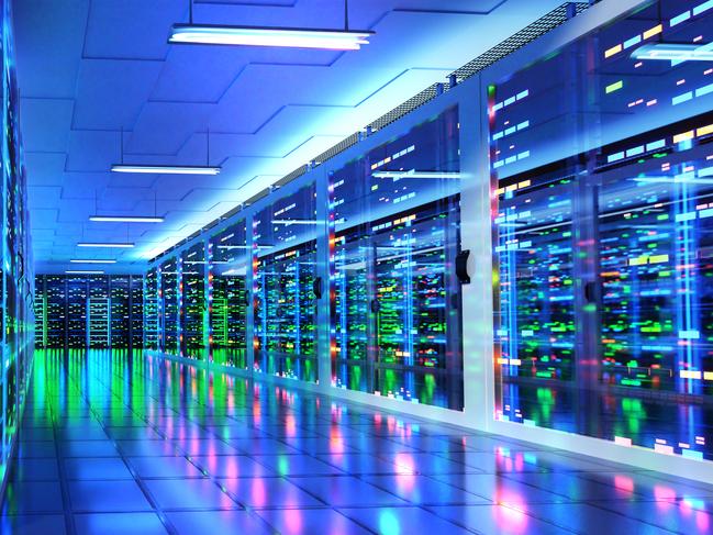 Modern server room, corridor in data centre with Supercomputer racks, neon lights and conditioners. 3D rendering illustration