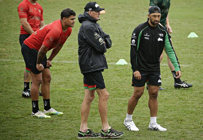 (LR) Latrell Mitchell, Wayne Bennett and new signing Benji Marshall at training for South Sydney at Redfern Oval. Picture: Adam Yip