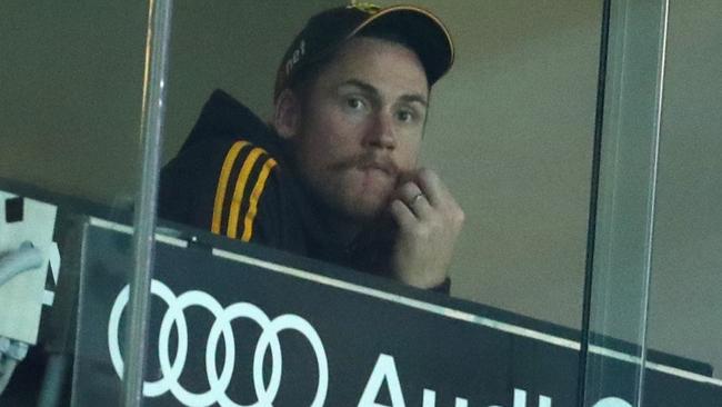 Jarryd Roughead watches on from the coaches box. Picture: Getty