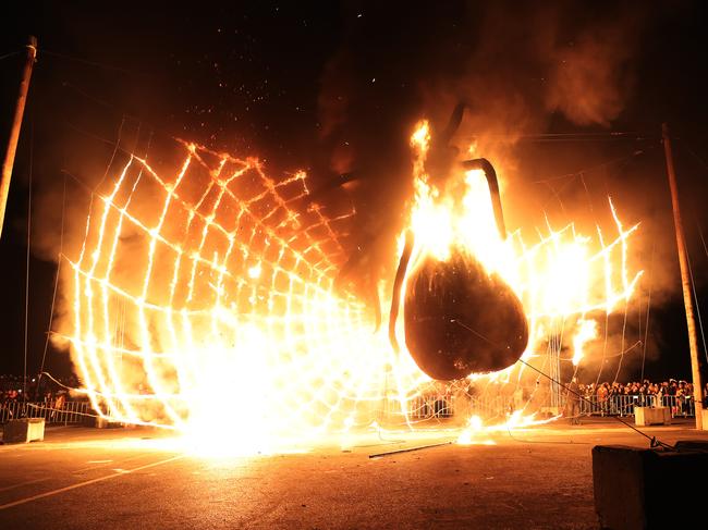 The spider shaped Ogoh-Ogoh engulfed in fire during The Burning at Dark Park Picture: LUKE BOWDEN