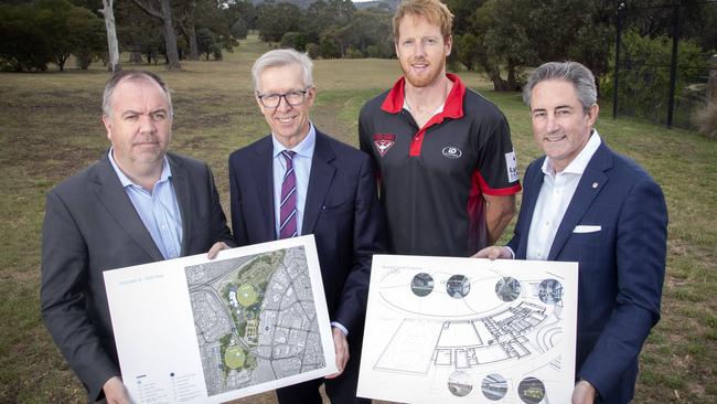 AFL High Performance Centre, Minister Nic Street, Tasmania Football Club board member Roger Curtis, footballer Andrew Phillips and City of Clarence Mayor Brendan Blomeley at Rosny. Picture: Chris Kidd