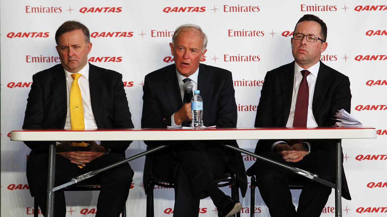 Transport Minister Anthony Albanese, Qantas CEO Alan Joyce and Emirates President Tim Clark at the launch of first flight to Dubai under Qantas/Emirates codeshare partnership, at Sydney airport.