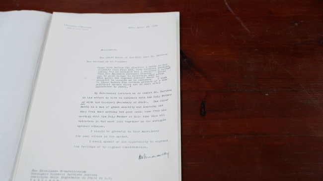 A document from the archives, written by a rabbi and addressed to Pius XII, to request an audience. Picture: Reuters/WSJ