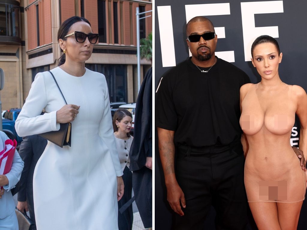 Antoinette Lattouf outside the Federal Court this week, and Kanye West and wife Bianca Censori at the Grammy Awards.