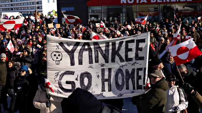 Protesters make their feelings clear outside the US consulate in Nuuk, Greenland. Picture: AFP