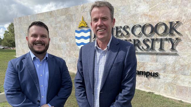 Herbert MP Phillip Thompson and opposition's spokesman for immigration Dan Tehan at the James Cook University Townsville campus after meeting with representatives. Picture: Chris Burns