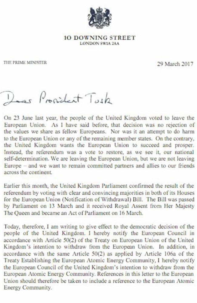 The start of the six-page letter from Prime Minister Theresa May to the President of the European Council. Picture: Supplied