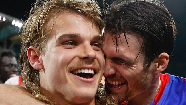 Bailey Smith (left) and Easton Wood celebrate the Western Bulldogs making the AFL grand final . Picture: Michael Willson/AFL Photos via Getty Images