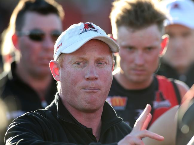 SANFL, West Adelaide v Central District at Richmond Oval. West Coach Gavin Colville, gives his players a bake at three quarter time. Pic. Dean Martin