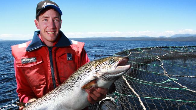 Petuna Aquaculture at Macquarie Harbour on Tasmania's West Coast, works manager Wayne McDermott with a farmed Atlantic salmon