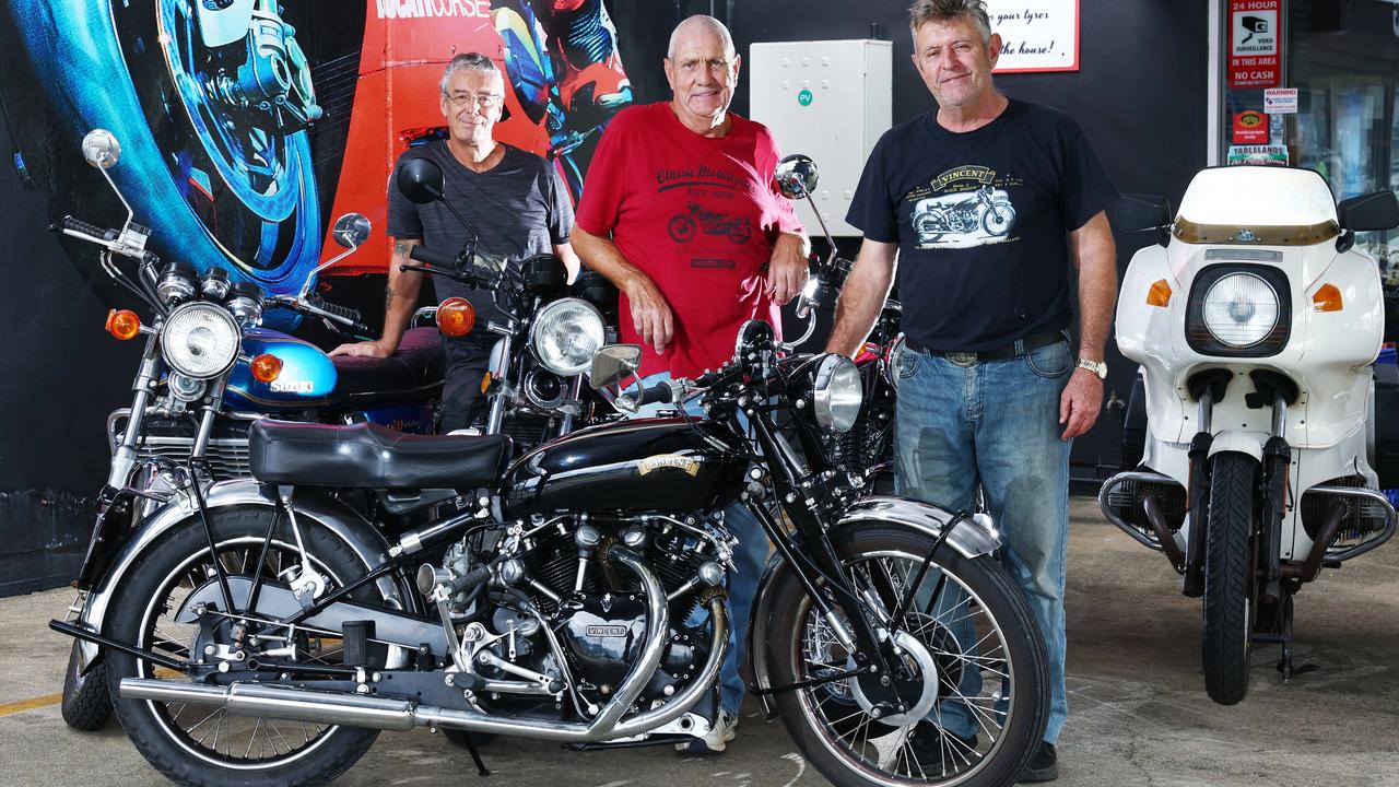 Cairns Motorcycle Restorers Club will host their annual classic motorcycle meet at AMX Motorcycles this Saturday. Cairns Motorcycle Restorers Club members Kev Firth, Paul Bennett and Danny Walker will be displaying their classic rides, as well as machines owned by other club members. Picture: Brendan Radke
