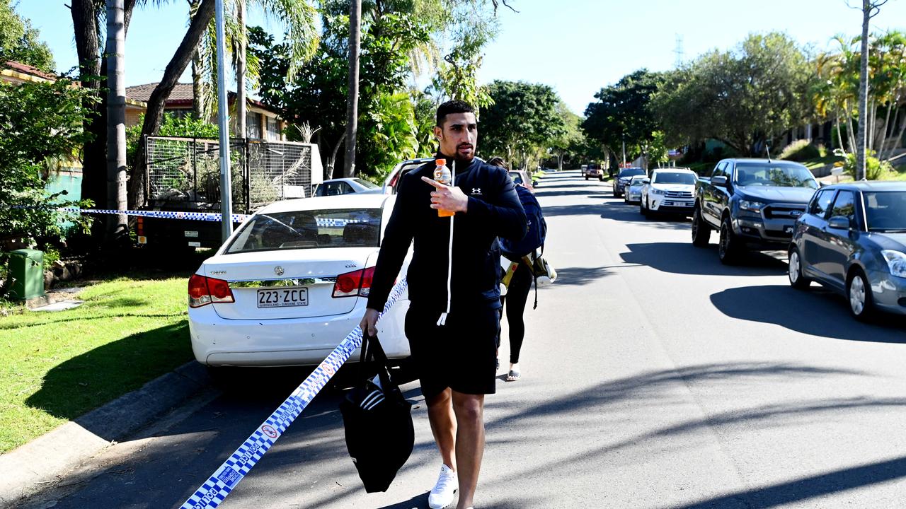 Australian boxing heavyweight champion Justis Huni returns to his home in Sunnybank Hills, Brisbane. His home was hit by five bullets in a drive-by shooting in the early hours of the morning. Picture: Dan Peled