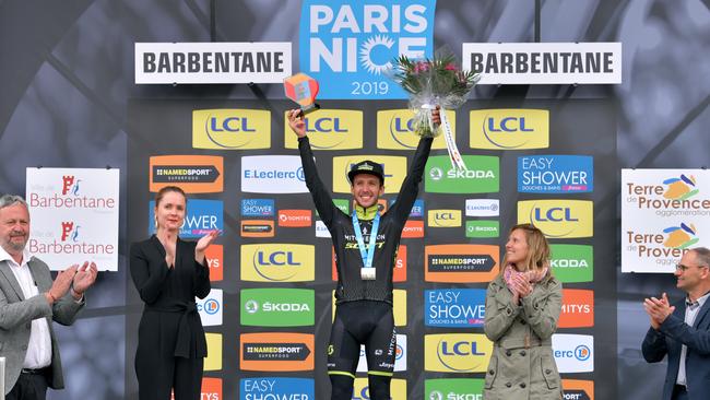 Simon Yates celebrates on the podium in Nice. Picture: Getty