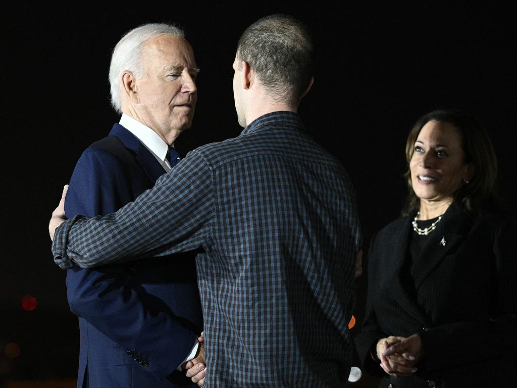 Former prisoner held by Russia, US journalist Evan Gershkovich, is welcomed by US President Joe Biden and Vice President Kamala Harris. Picture: AFP