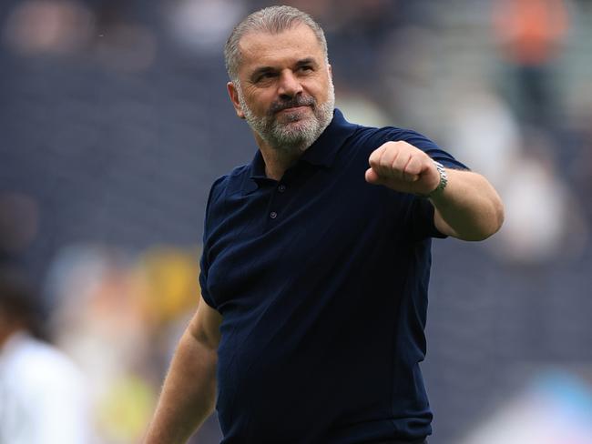 LONDON, ENGLAND - SEPTEMBER 16: Ange Postecoglou, Manager of Tottenham Hotspur, celebrates following their sides victory after the Premier League match between Tottenham Hotspur and Sheffield United at Tottenham Hotspur Stadium on September 16, 2023 in London, England. (Photo by Stephen Pond/Getty Images)