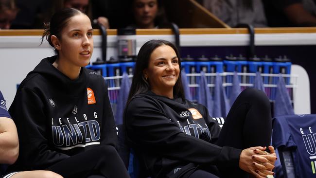 Monique Conti (right) has been at home games, but is yet to start training coming off her AFLW season with Richmond. Picture: Kelly Defina/Getty Images