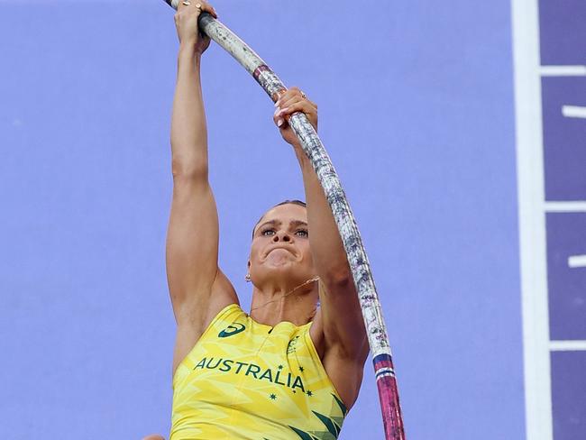 PARIS, FRANCE - AUGUST 05: Nina Kennedy of Team Australia competes during Women's Pole Vault Qualification on day ten of the Olympic Games Paris 2024 at Stade de France on August 05, 2024 in Paris, France. (Photo by Cameron Spencer/Getty Images)