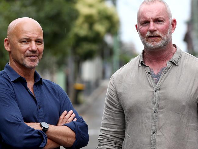 Former NSW and AFP Special Operations officer Jason Semple (R) talks to Gary Jubelin about the time he was stabbed in the line of duty and lost his colleague Peter Forsyth who was also stabbed in the same incident. Picture: Toby Zerna