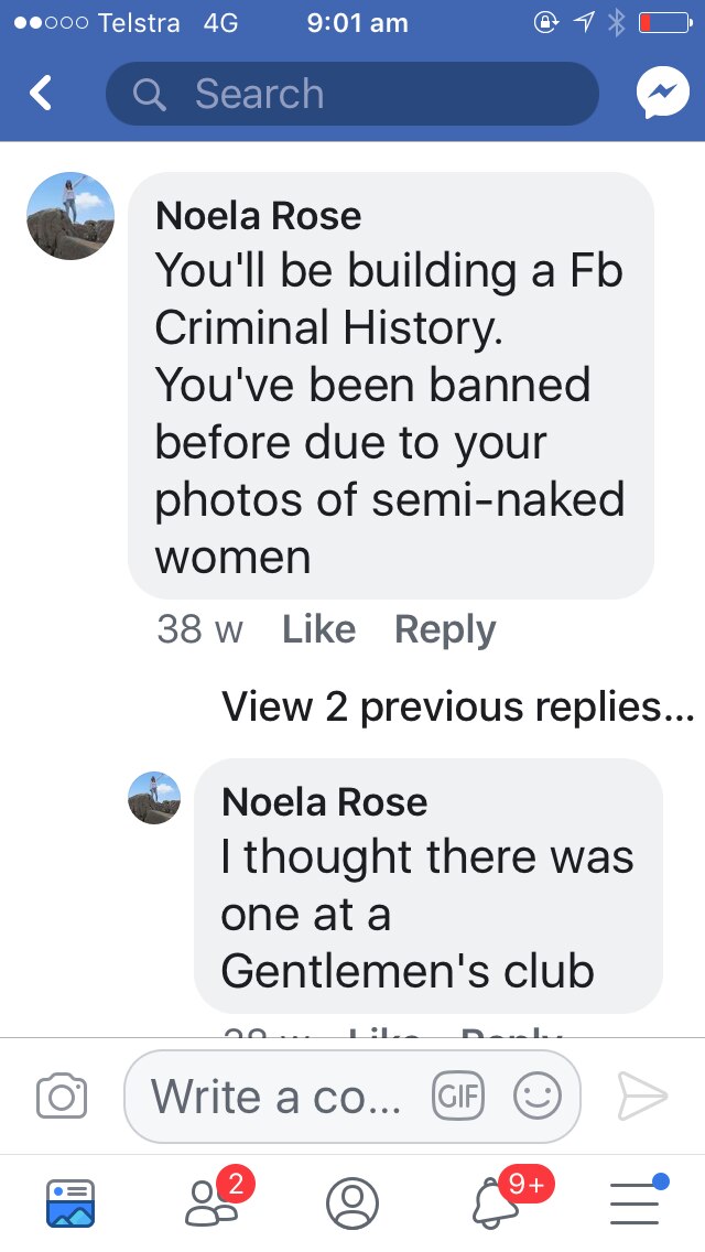 Screen shot of post from one of Larry Crouch’s Facebook followers suggesting he has been banned in the past after posting inappropriate material