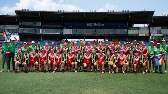 Waratah and PINT pose together ahead of their inaugural Pride Match. Picture: Jack Riddiford / AFLNT Media.