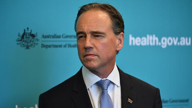 Minister for Health Greg Hunt reacts during a Covid-19 update press conference at Woden in Canberra. Picture: Sam Mooy/Getty Images