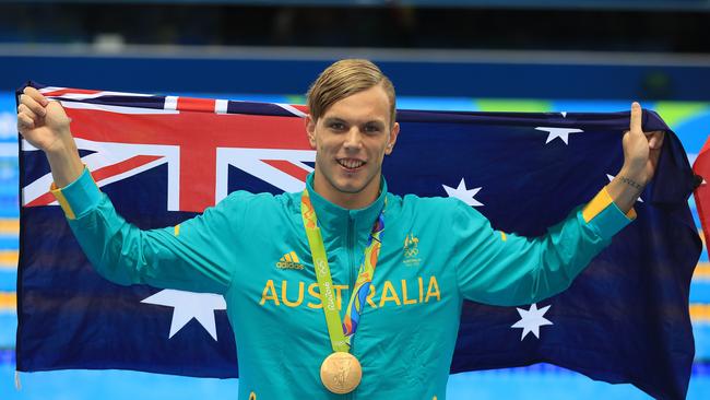 Australia’s Kyle Chalmers wth his gold medal after winning the men’s 100m freestyle in Rio. Picture: Alex Coppel