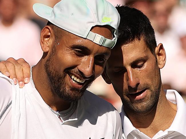 *2022 Pictures of the Year Australia* - LONDON, ENGLAND - JULY 10: Winner Novak Djokovic of Serbia (L) and runner up Nick Kyrgios of Australia interact by the net following their Men's Singles Final match day fourteen of The Championships Wimbledon 2022 at All England Lawn Tennis and Croquet Club on July 10, 2022 in London, England. (Photo by Ryan Pierse/Getty Images)