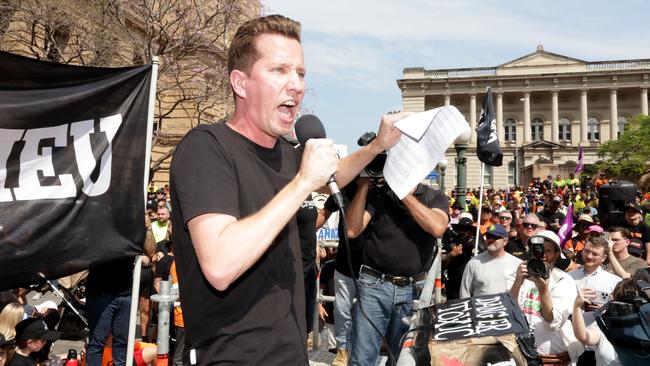 Max Chandler-Mather, Greens Member of the Australian House of Representatives, at the CFMEU protest in Queens Gardens, Brisbane City, on Tuesday 27th August - Photo Steve Pohlner