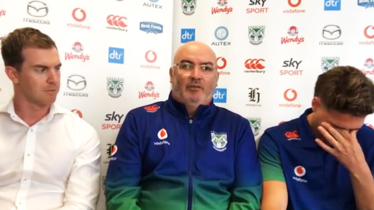 New Zealand Warriors CEO Cameron George and fullback Reece Walsh during a Zoom press conference.