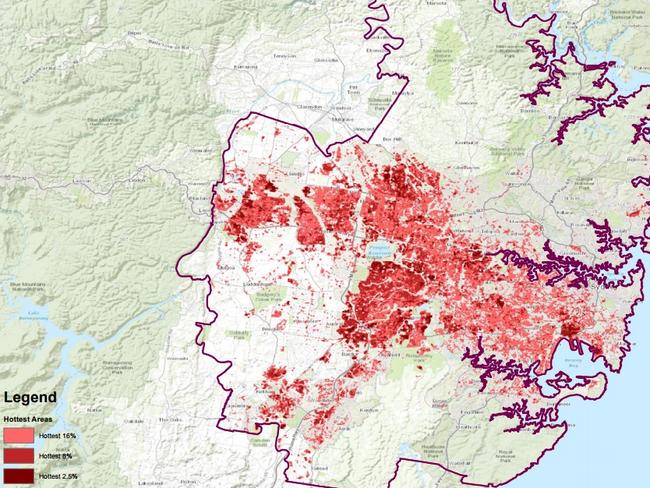 Map of Urban heat island effects in Sydney by RMIT University and the University of Western Australia.