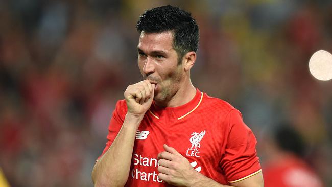 Luis Garcia of Liverpool celebrates scoring a goal during the Liverpool Legends v Australian Legends exhibition match at ANZ Stadium, in Sydney, Thursday, Jan. 7, 2016. (AAP Image/Dan Himbrechts) NO ARCHIVING, EDITORIAL USE ONLY