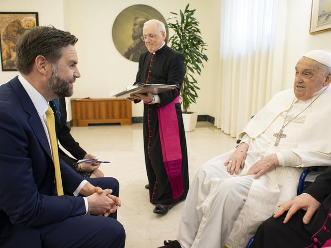 Pope Francis receives U.S. Vice President JD Vance, left, before bestowing the Urbi et Orbi (Latin for to the city and to the world) blessing at the end of the Easter mass presided over by Cardinal Angelo Comastri in St. Peter's Square at the Vatican Sunday, April 20, 2025. At center the head of the papal houshold Bishop Leonardo Sapienza. (Vatican Media via AP, HO)