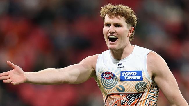 SYDNEY, AUSTRALIA - MAY 17: Tom Green of the Giants shows his emotion during the round ten AFL match between GWS Giants v Walyalup (Fremantle Dockers) at ENGIE Stadium, on May 17, 2025, in Sydney, Australia. (Photo by Cameron Spencer/AFL Photos/Getty Images)